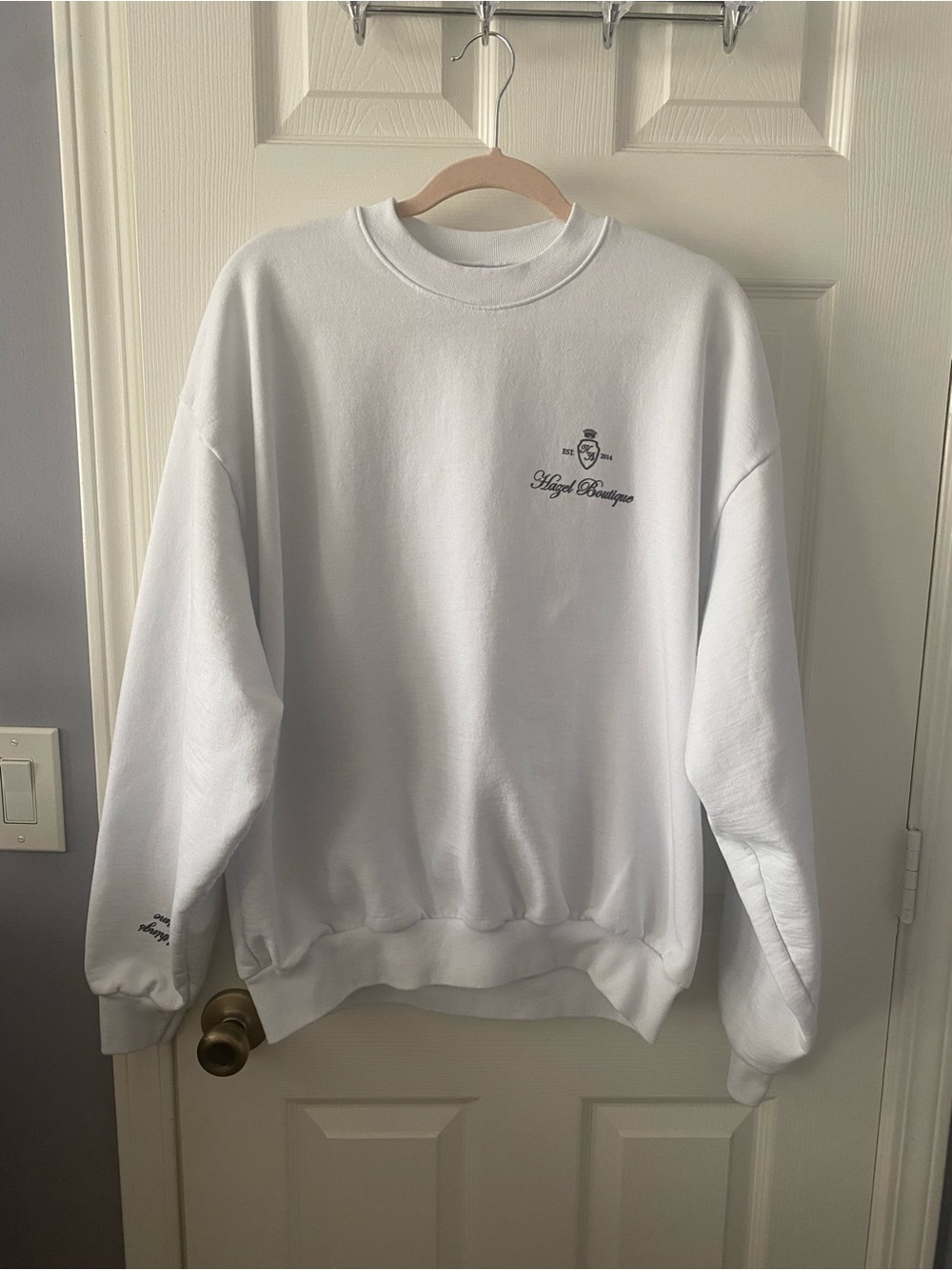 Hazel Boutique White Crewneck Sweater with Logo